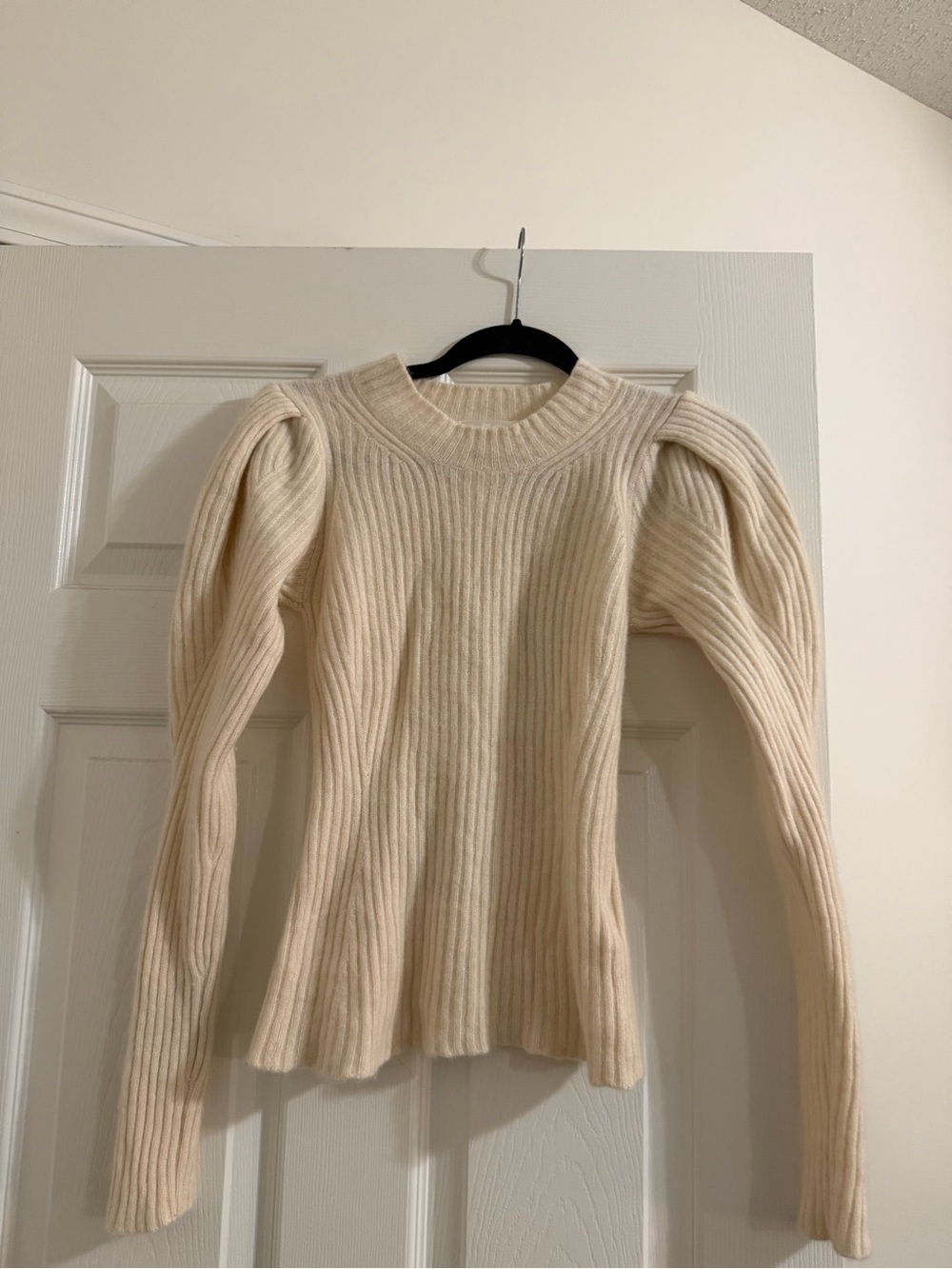 7 for All Mankind Cream Ribbed Puff-Sleeve Cashmere Sweater - Women
